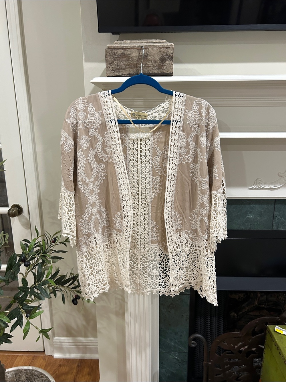 Democracy Cream Crochet Lace Cover-Up with Blue Accent